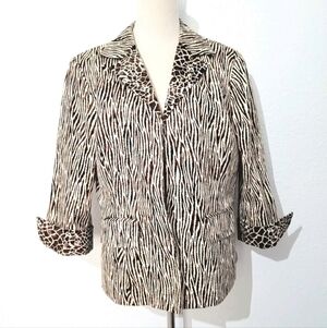 Austin Reed Women’s Blazer Size 12 Brown Beige Zebra Animal Print 3/4 Sleeve